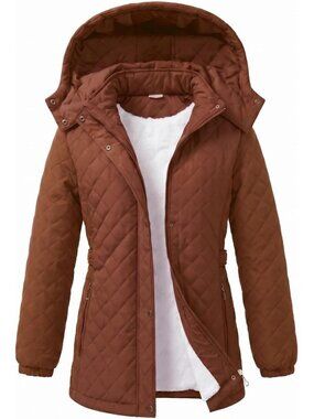 Cozy Women's Long Fleece Lined Winter Coat - Diamond Quilted Warm Jacket, Hooded